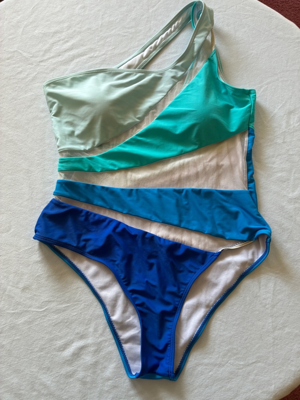 Source Unknown One-Shoulder Colorblock One-Piece Swimsuit in Mint, Teal & Blue